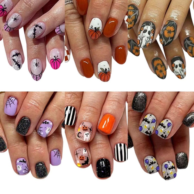 CTTHNBD 6 Packs (144 Pcs) Halloween Press on Nails Short Square, Almond Press on Nails, with Pumpkins Ghost Spider Web Design Stick on Fake Nails for Women - 12 Sizes, 6Styles - Image 1